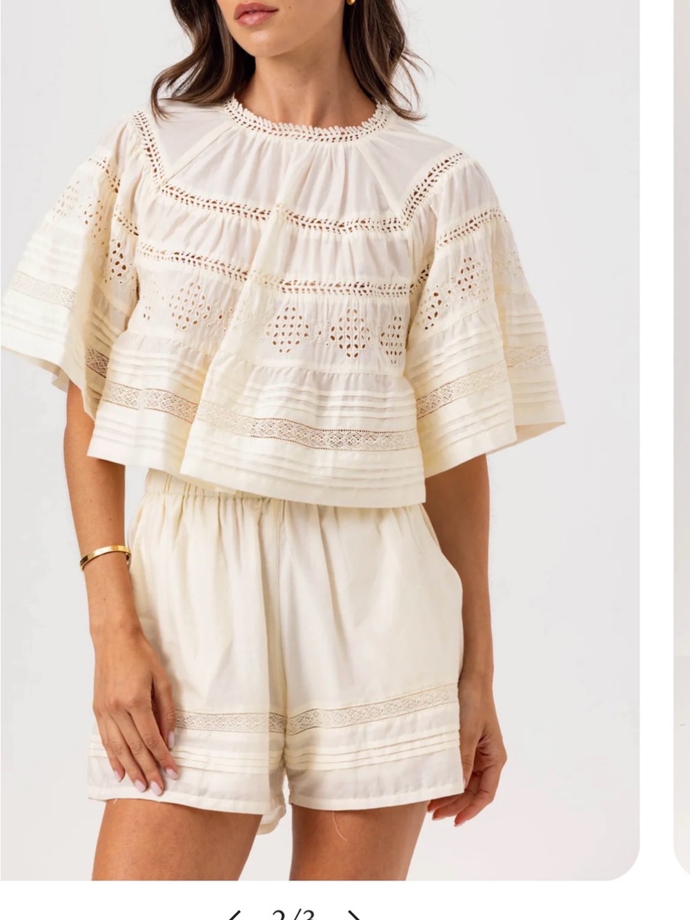 sundays Essa Cream Eyelet Tiered Flutter Crop Top